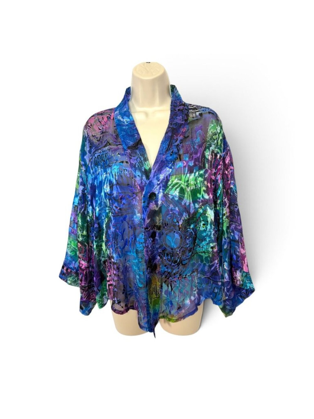 Chico's Vibrant Burnout Silk Blouse Size 2 (L) Blue Purple Button Front Top